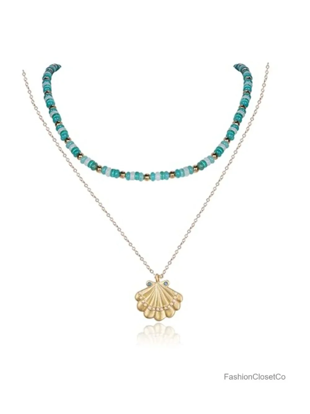 Gold Plated Shell Pendant Necklace with Blue Beaded Chain Adjustable Boho Beach
